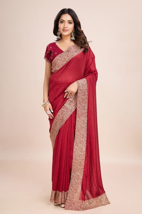 Red Chinon Party Wear Saree with Heavy Embroidery & Swarovski Stone Work