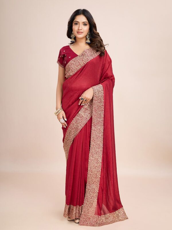 Red Chinon Party Wear Saree with Heavy Embroidery & Swarovski Stone Work