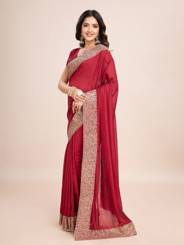 Red Chinon Party Wear Saree with Heavy Embroidery & Swarovski Stone Work - Image 3
