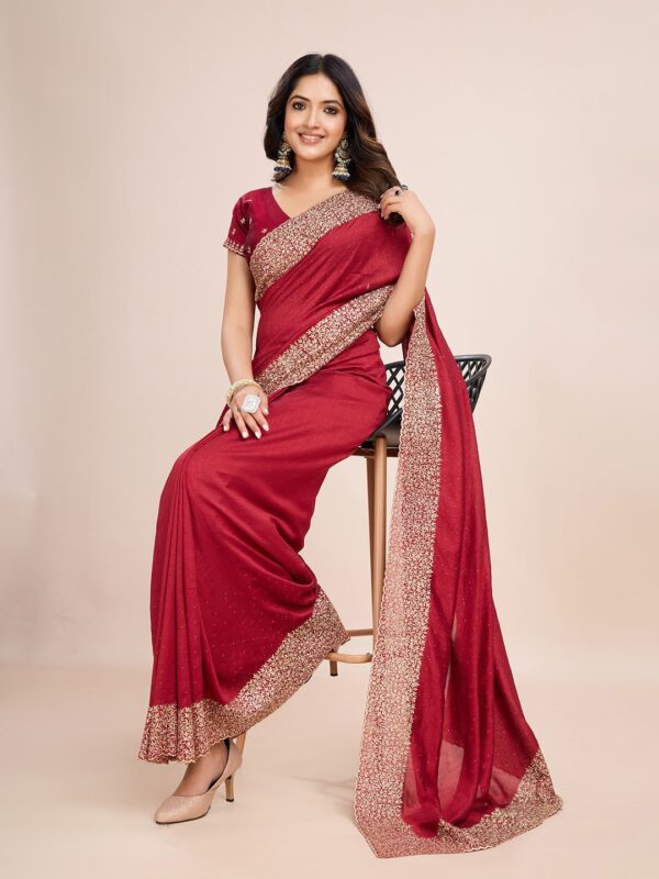 Red Chinon Party Wear Saree with Heavy Embroidery & Swarovski Stone Work - Image 4