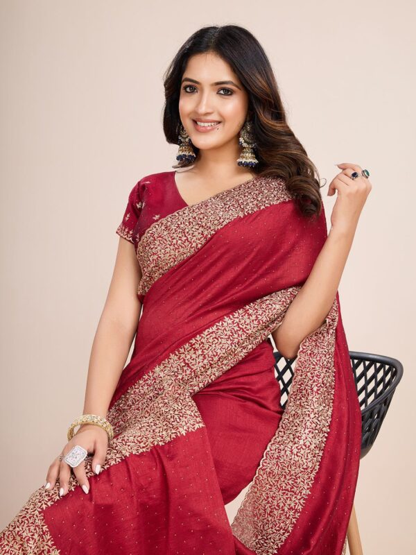 Red Chinon Party Wear Saree with Heavy Embroidery & Swarovski Stone Work - Image 5