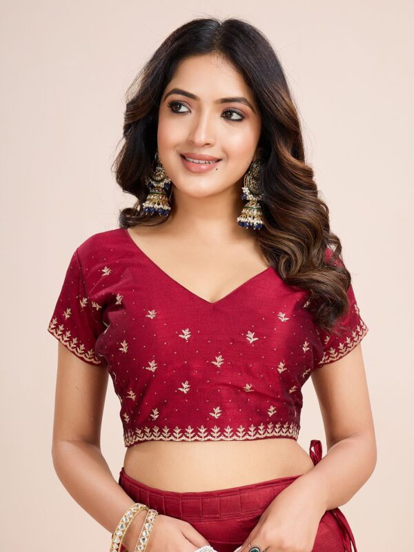 Red Chinon Party Wear Saree with Heavy Embroidery & Swarovski Stone Work - Image 6