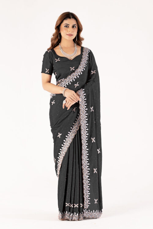 Black Chinon Saree with Intricate Embroidery & Swarovski Work – Elegant Party & Festive Wear