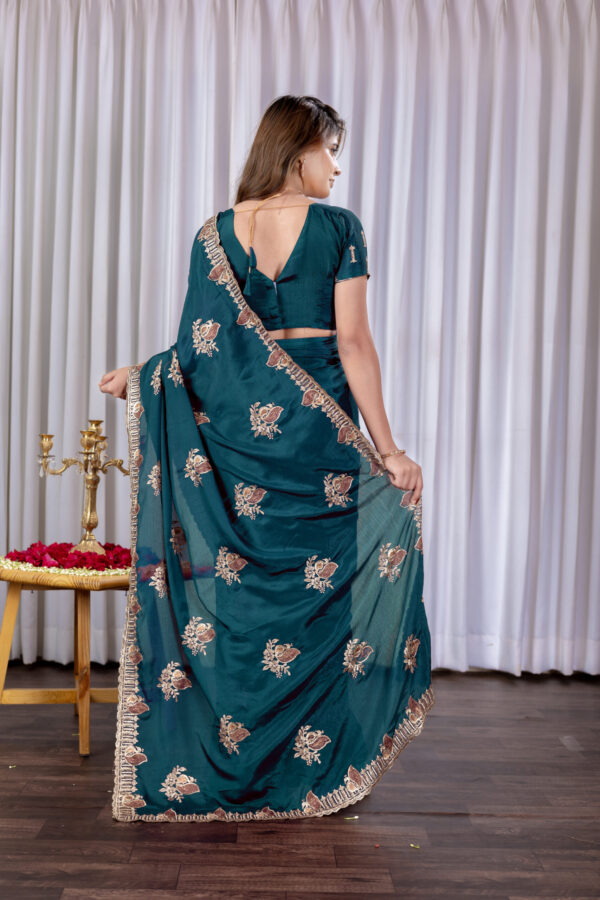Teal Green Chinon Embroidered Party Wear Saree with Floral Border Detailing - Image 2