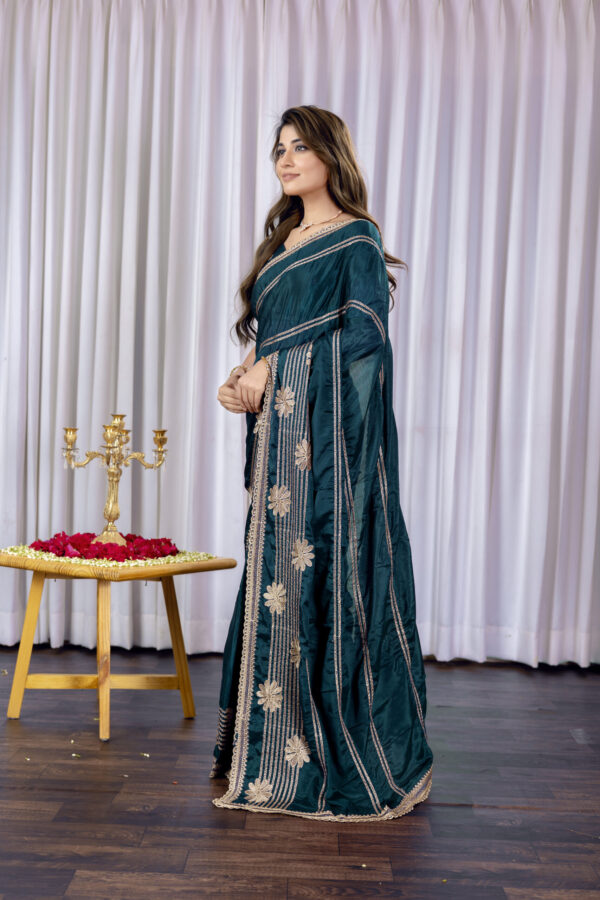 Teal Green Chinon Saree with Golden Floral Embroidery and Striped Detailing - Image 2