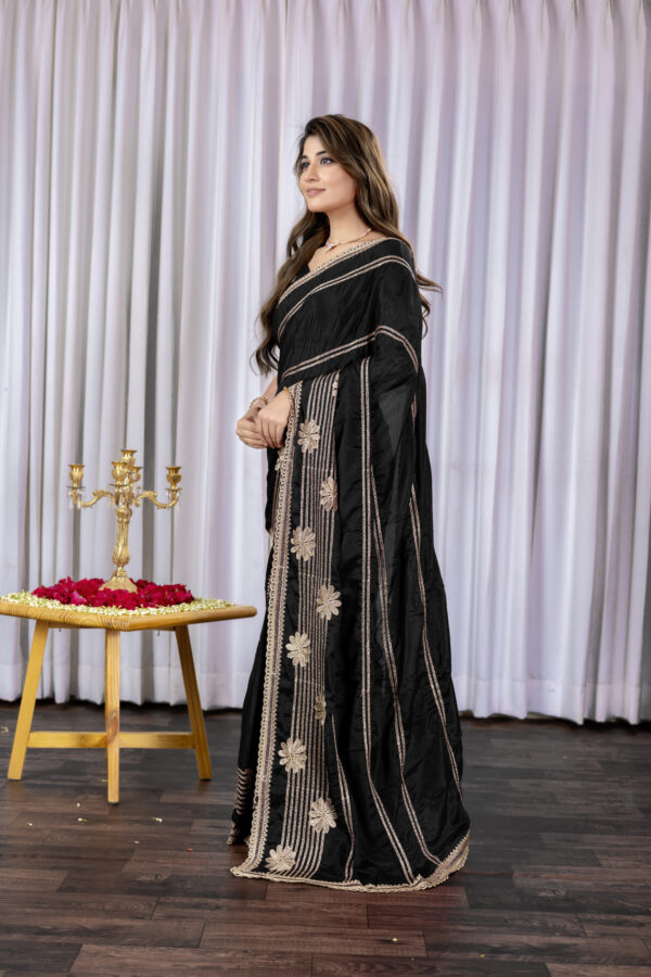 Black Chinon Saree with Golden Floral Embroidery and Striped Detailing - Image 4