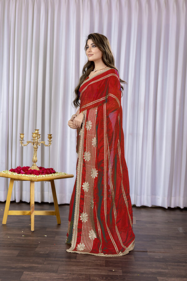 Red Green Chinon Saree with Golden Floral Embroidery and Striped Detailing - Image 4