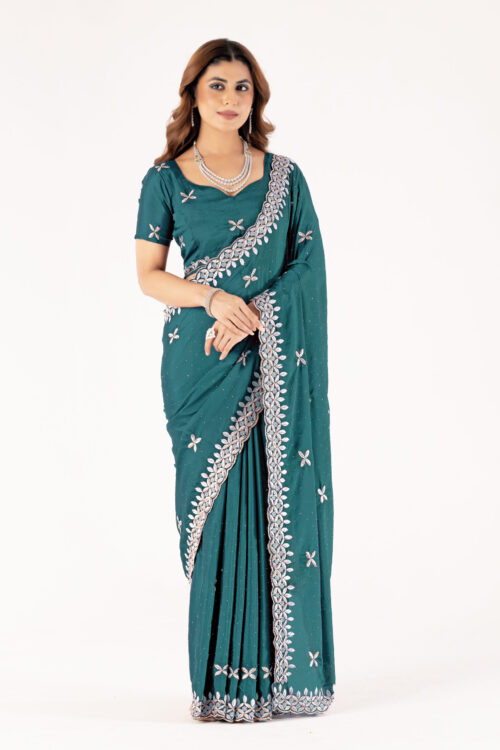 Teal Chinon Saree with Intricate Embroidery & Swarovski Work – Elegant Party & Festive Wear
