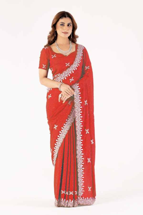 Red Chinon Saree with Intricate Embroidery & Swarovski Work – Elegant Party & Festive Wear