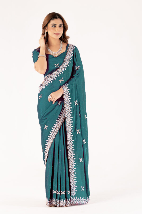 Teal Chinon Saree with Intricate Embroidery & Swarovski Work – Elegant Party & Festive Wear - Image 3