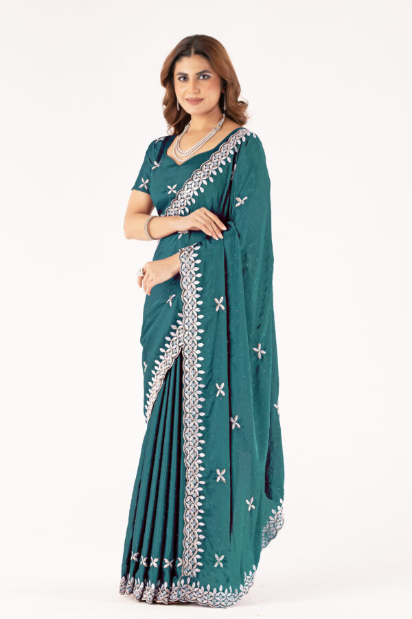 Teal Chinon Saree with Intricate Embroidery & Swarovski Work – Elegant Party & Festive Wear - Image 4