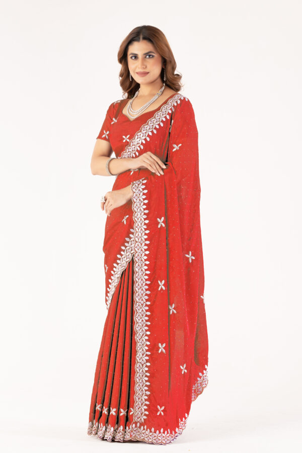Red Chinon Saree with Intricate Embroidery & Swarovski Work – Elegant Party & Festive Wear - Image 5