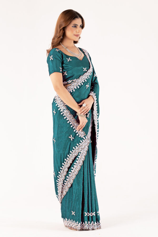 Teal Chinon Saree with Intricate Embroidery & Swarovski Work – Elegant Party & Festive Wear - Image 5