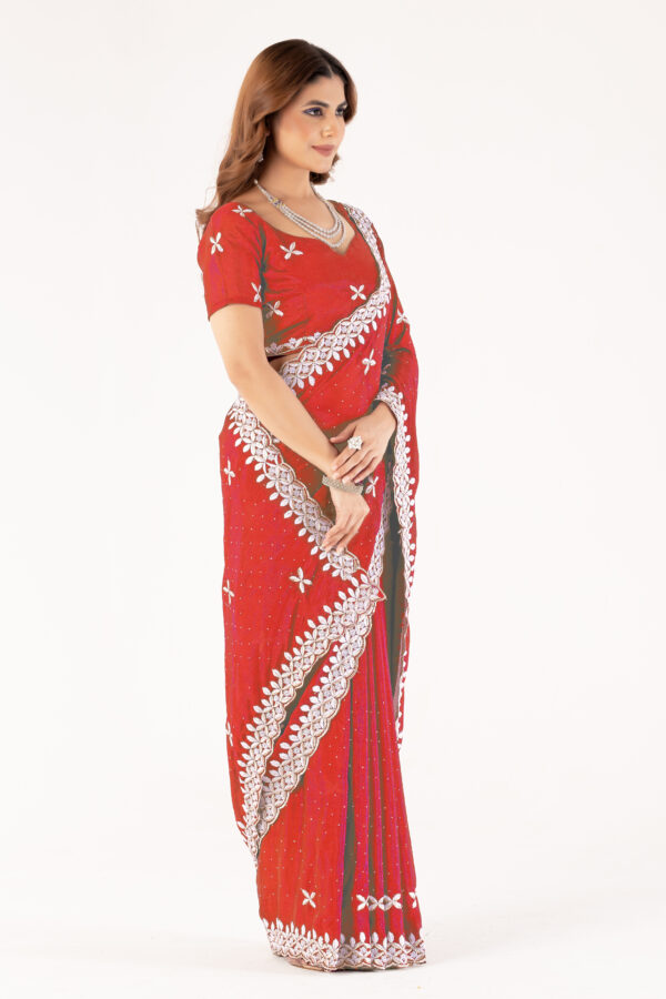 Red Chinon Saree with Intricate Embroidery & Swarovski Work – Elegant Party & Festive Wear - Image 4