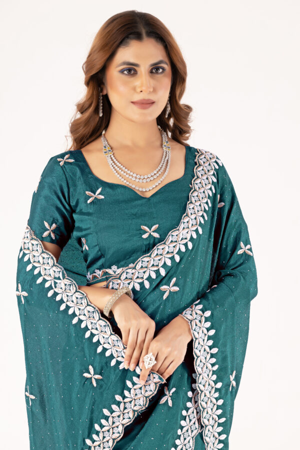 Teal Chinon Saree with Intricate Embroidery & Swarovski Work – Elegant Party & Festive Wear - Image 6