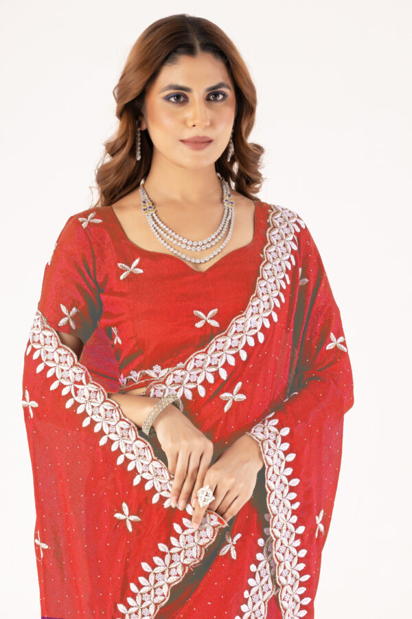 Red Chinon Saree with Intricate Embroidery & Swarovski Work – Elegant Party & Festive Wear - Image 6