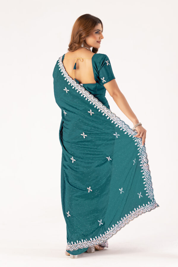 Teal Chinon Saree with Intricate Embroidery & Swarovski Work – Elegant Party & Festive Wear - Image 7