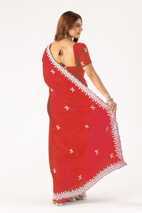 Red Chinon Saree with Intricate Embroidery & Swarovski Work – Elegant Party & Festive Wear - Image 3
