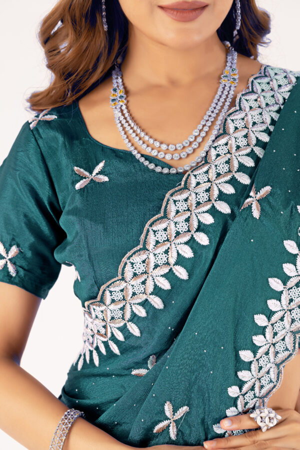 Teal Chinon Saree with Intricate Embroidery & Swarovski Work – Elegant Party & Festive Wear - Image 8