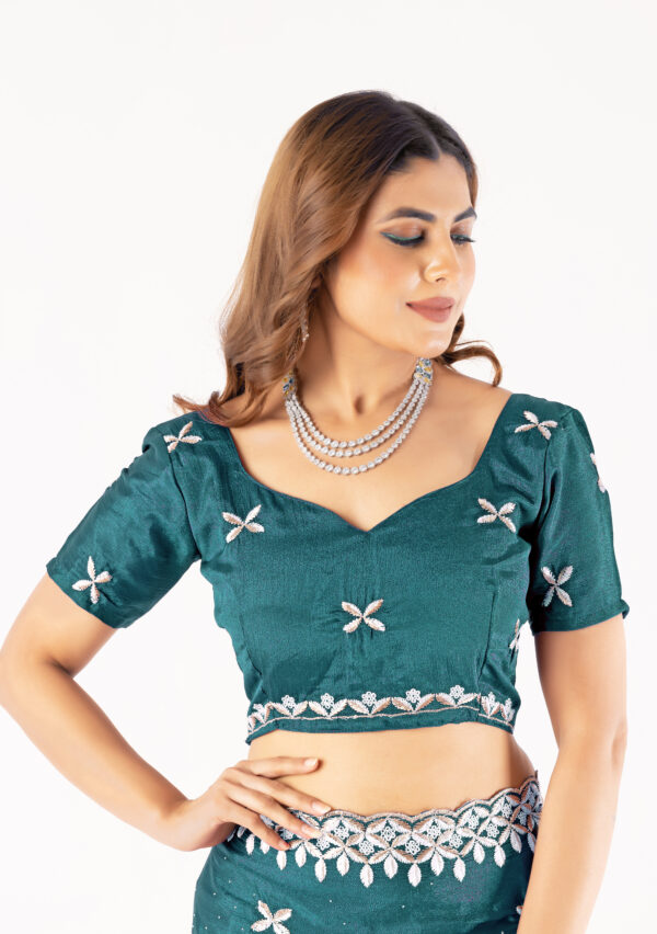 Teal Chinon Saree with Intricate Embroidery & Swarovski Work – Elegant Party & Festive Wear - Image 9