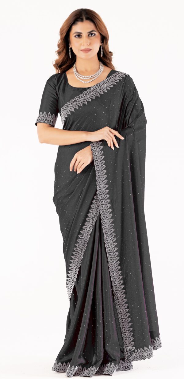 Black Swarovski Stone Work Saree with Designer Lace Border – Elegant Party & Festive Wear