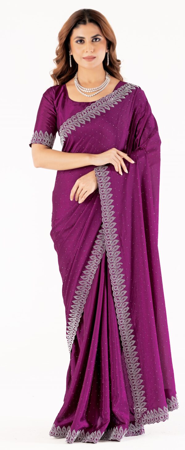 Wine Swarovski Stone Work Saree with Designer Lace Border – Elegant Party & Festive Wear