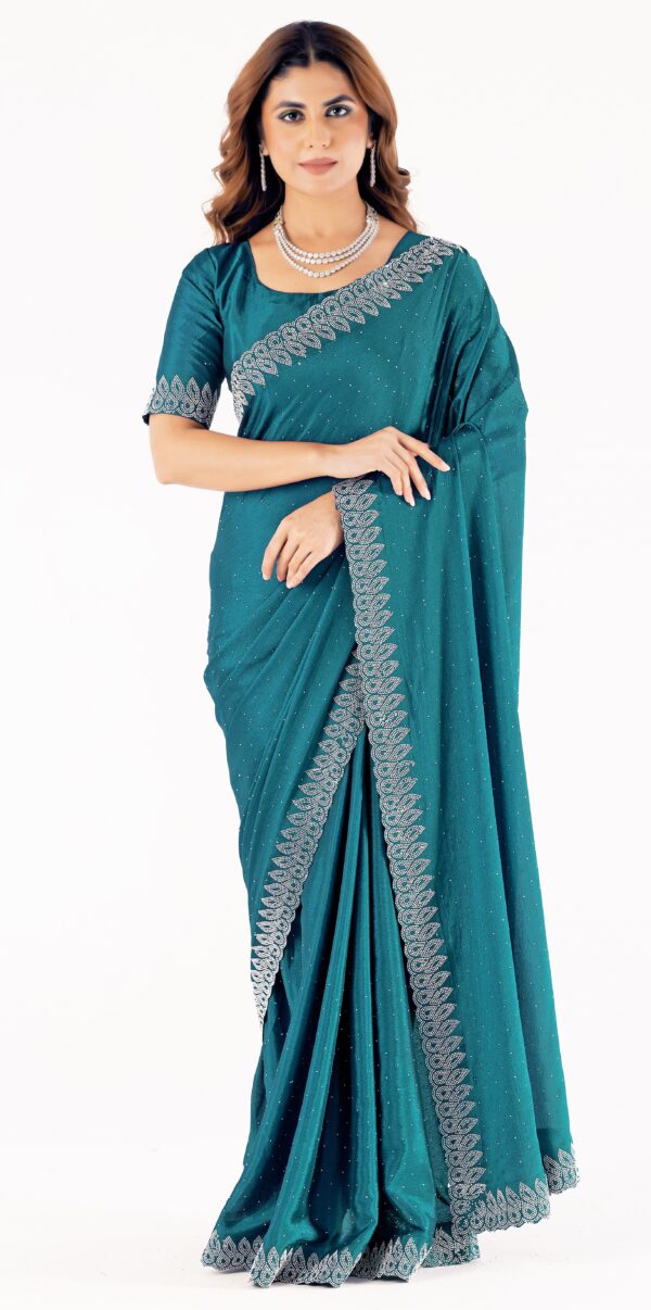 Teal Swarovski Stone Work Saree with Designer Lace Border – Elegant Party & Festive Wear - Image 4