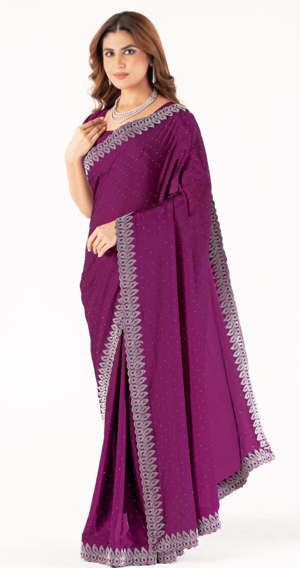 Wine Swarovski Stone Work Saree with Designer Lace Border – Elegant Party & Festive Wear - Image 3