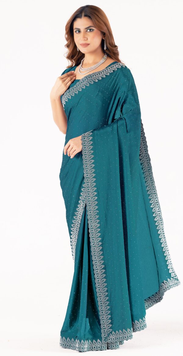 Teal Swarovski Stone Work Saree with Designer Lace Border – Elegant Party & Festive Wear - Image 3