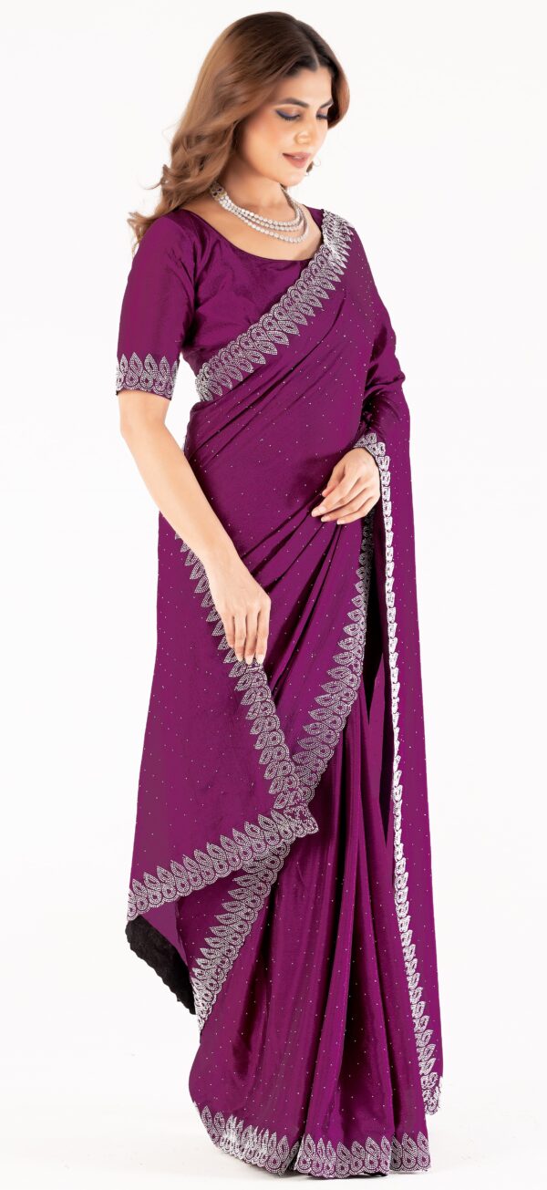 Wine Swarovski Stone Work Saree with Designer Lace Border – Elegant Party & Festive Wear - Image 4