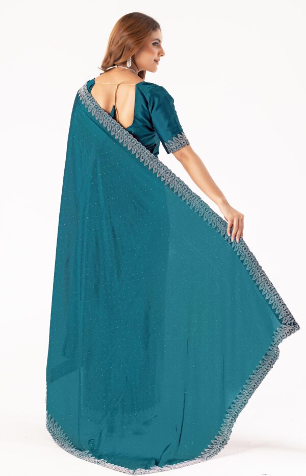 Teal Swarovski Stone Work Saree with Designer Lace Border – Elegant Party & Festive Wear - Image 2