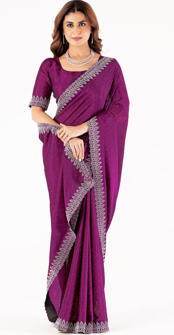 Wine Swarovski Stone Work Saree with Designer Lace Border – Elegant Party & Festive Wear - Image 5