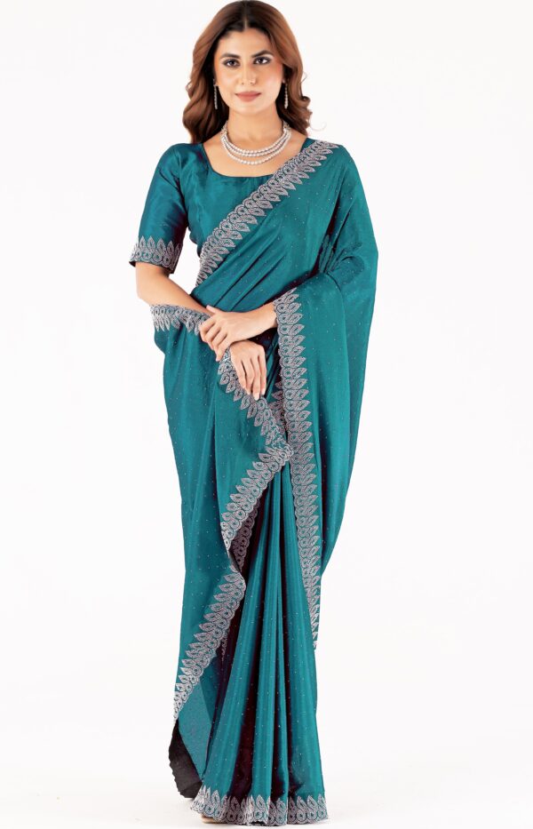 Teal Swarovski Stone Work Saree with Designer Lace Border – Elegant Party & Festive Wear