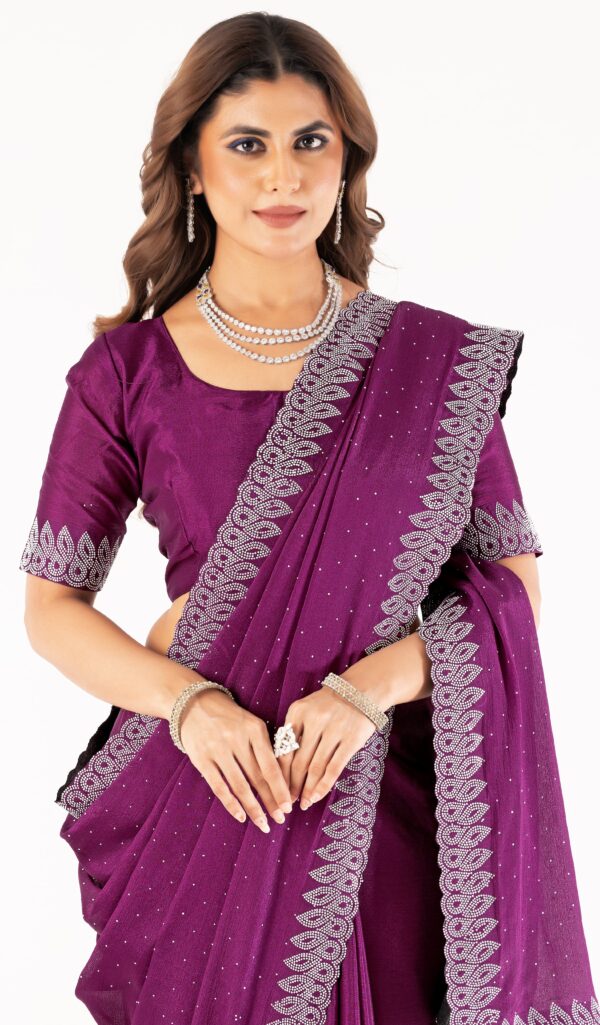 Wine Swarovski Stone Work Saree with Designer Lace Border – Elegant Party & Festive Wear - Image 6