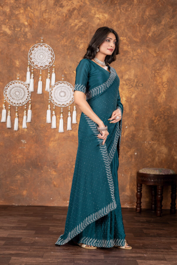 Teal Chinon Saree with All‑Over Swarovski Crystal Detailing - Image 4