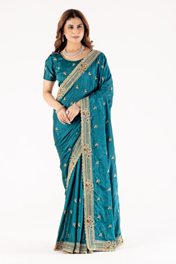 Elegant Teal Embroidered Saree with Designer Border & Matching Blouse – Party & Festive Wear