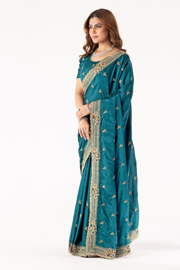 Elegant Teal Embroidered Saree with Designer Border & Matching Blouse – Party & Festive Wear - Image 3