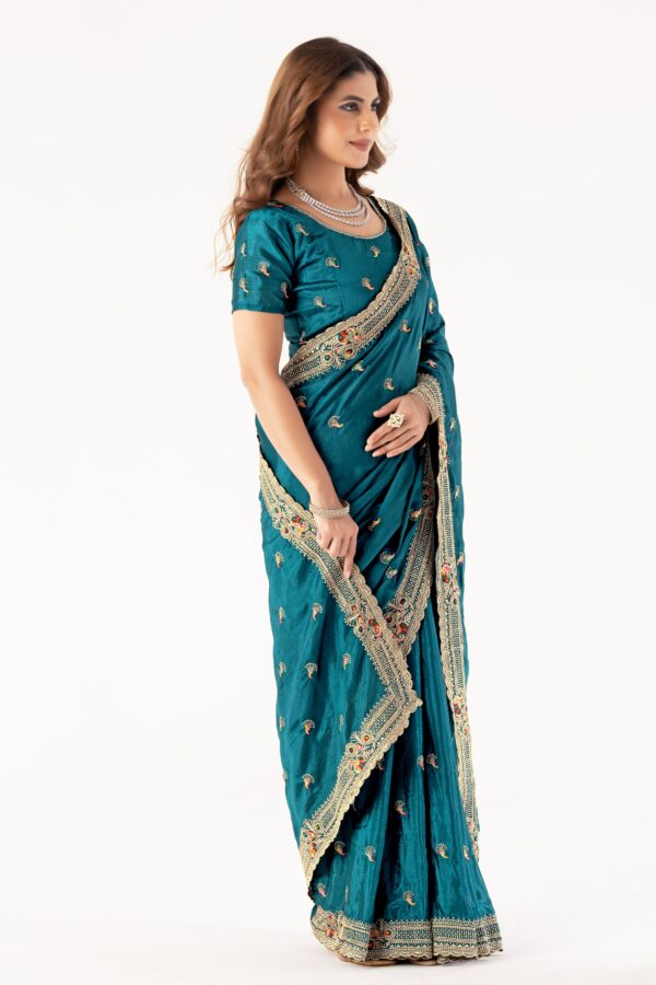Elegant Teal Embroidered Saree with Designer Border & Matching Blouse – Party & Festive Wear - Image 4