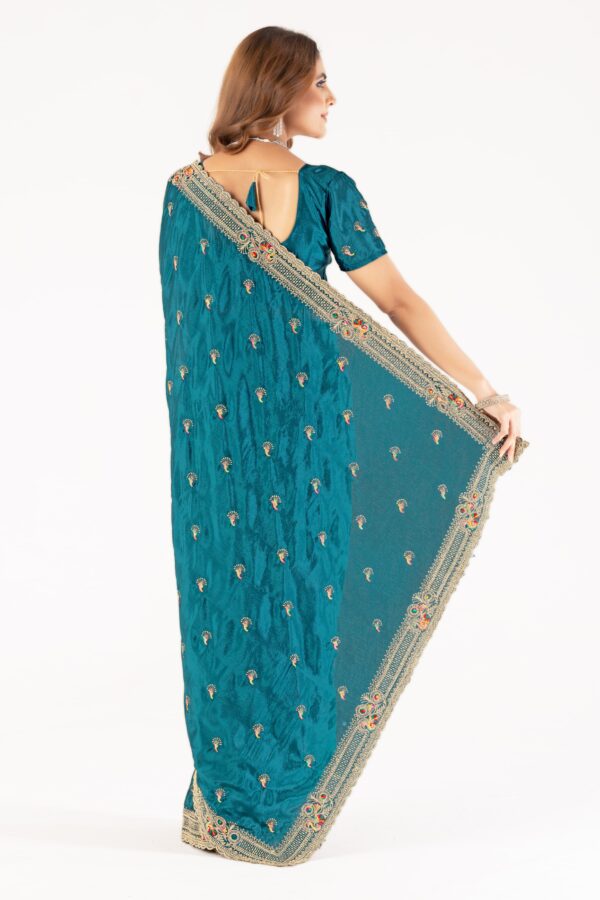 Elegant Teal Embroidered Saree with Designer Border & Matching Blouse – Party & Festive Wear - Image 2