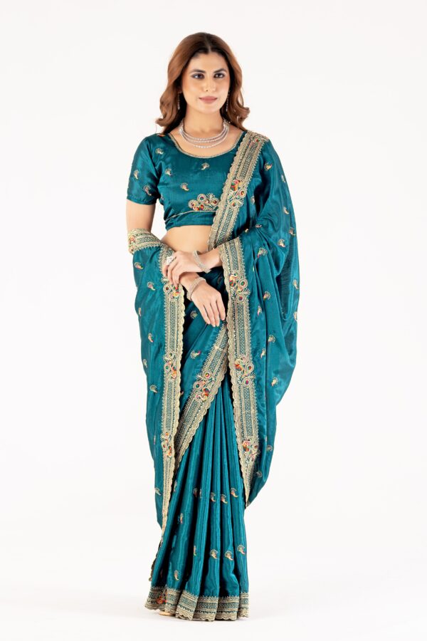Elegant Teal Embroidered Saree with Designer Border & Matching Blouse – Party & Festive Wear - Image 5