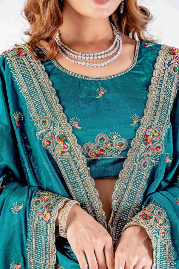 Elegant Teal Embroidered Saree with Designer Border & Matching Blouse – Party & Festive Wear - Image 6