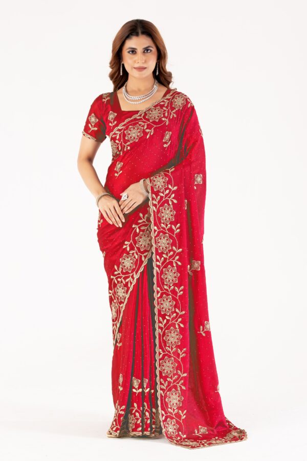 Red Embroidered Saree with Floral Zari Work & Designer Blouse – Festive & Wedding Collection