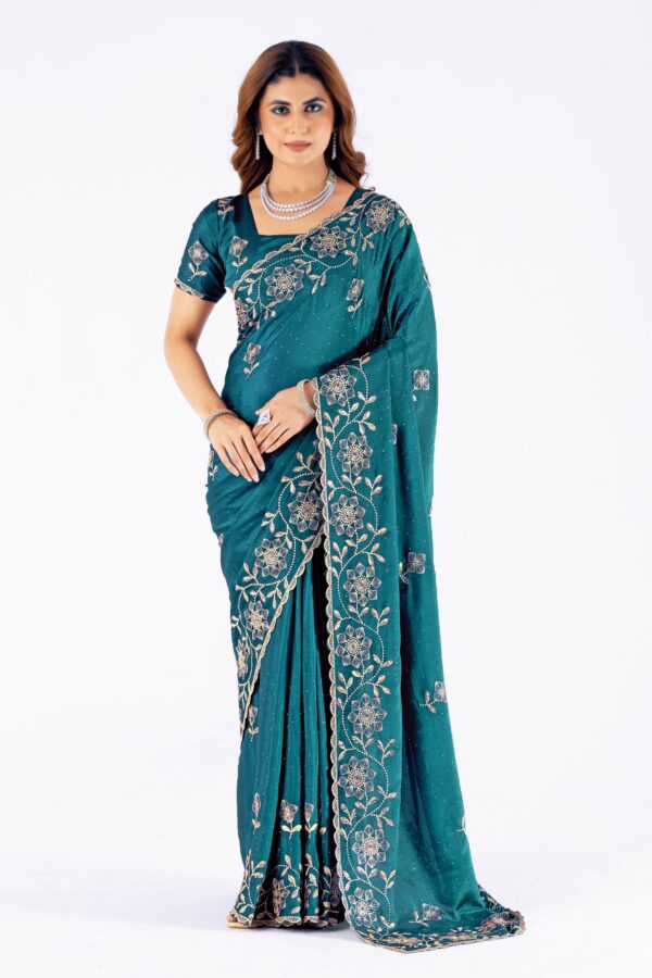 Teal Embroidered Saree with Floral Zari Work & Designer Blouse – Festive & Wedding Collection
