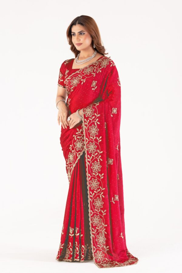 Red Embroidered Saree with Floral Zari Work & Designer Blouse – Festive & Wedding Collection - Image 4