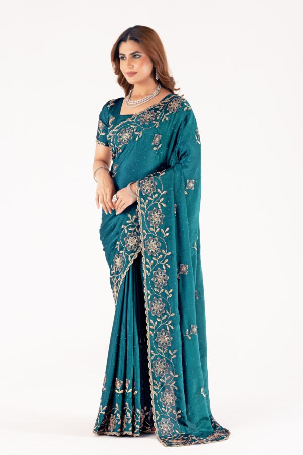 Teal Embroidered Saree with Floral Zari Work & Designer Blouse – Festive & Wedding Collection - Image 4