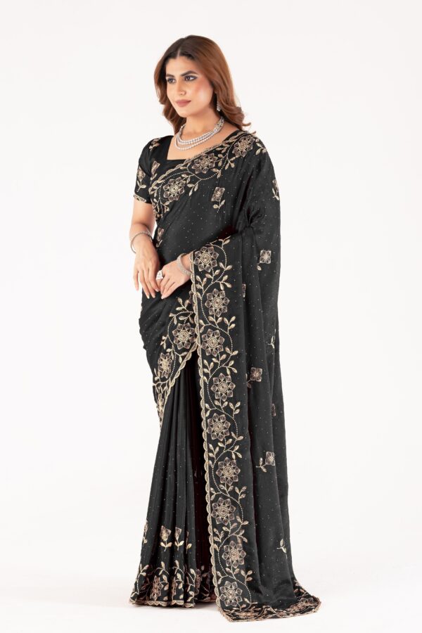 Black Embroidered Saree with Floral Zari Work & Designer Blouse – Festive & Wedding Collection - Image 3