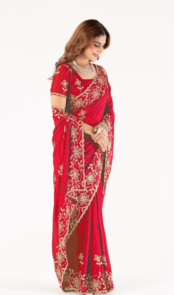 Red Embroidered Saree with Floral Zari Work & Designer Blouse – Festive & Wedding Collection - Image 3