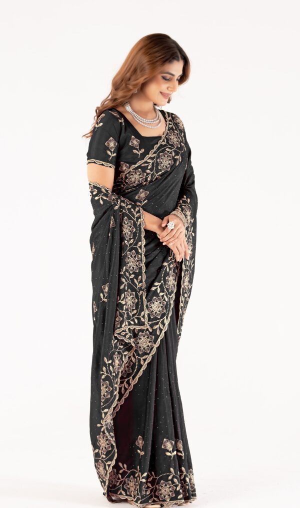 Black Embroidered Saree with Floral Zari Work & Designer Blouse – Festive & Wedding Collection - Image 4