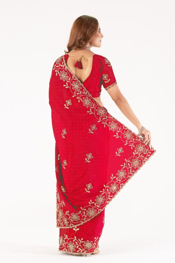 Red Embroidered Saree with Floral Zari Work & Designer Blouse – Festive & Wedding Collection - Image 2