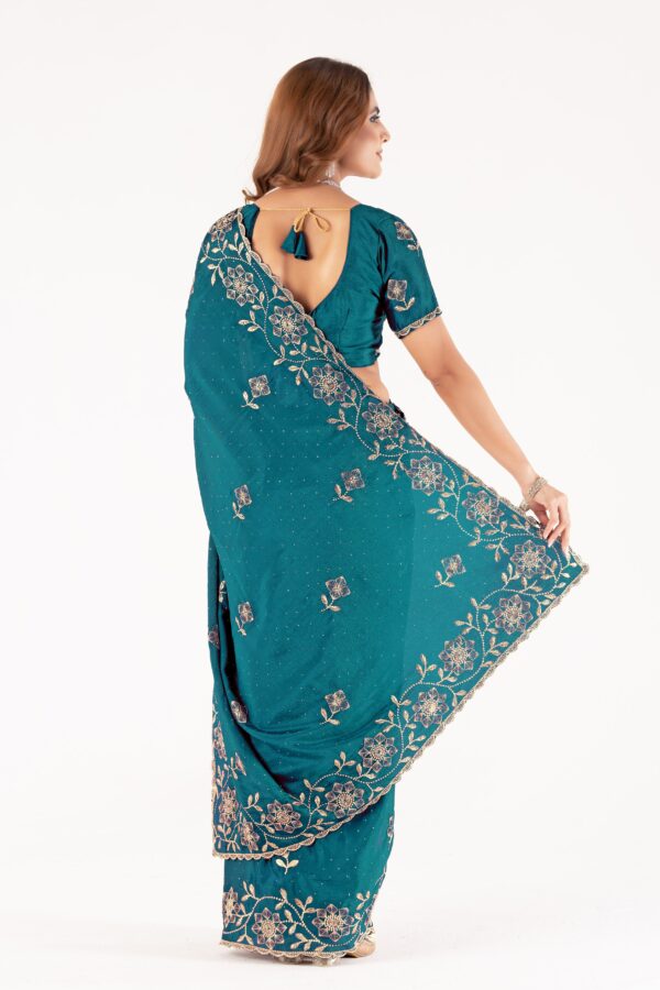 Teal Embroidered Saree with Floral Zari Work & Designer Blouse – Festive & Wedding Collection - Image 2